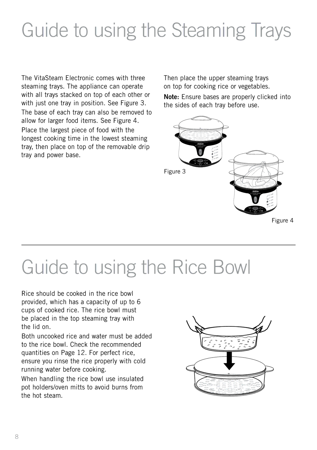 Sunbeam ST6820 manual Guide to using the Rice Bowl, Guide to using the Steaming Trays 