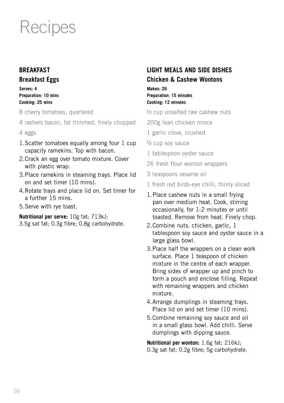 Sunbeam ST6820 manual Recipes, Breakfast Eggs, Chicken & Cashew Wontons 