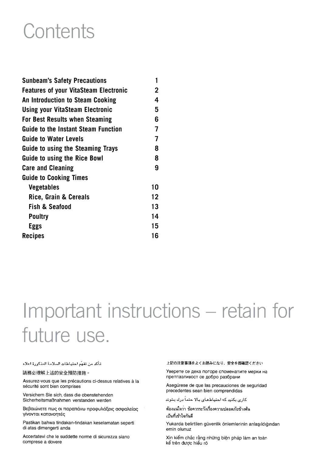 Sunbeam ST6820 manual Contents, Important instructions retain for future use 