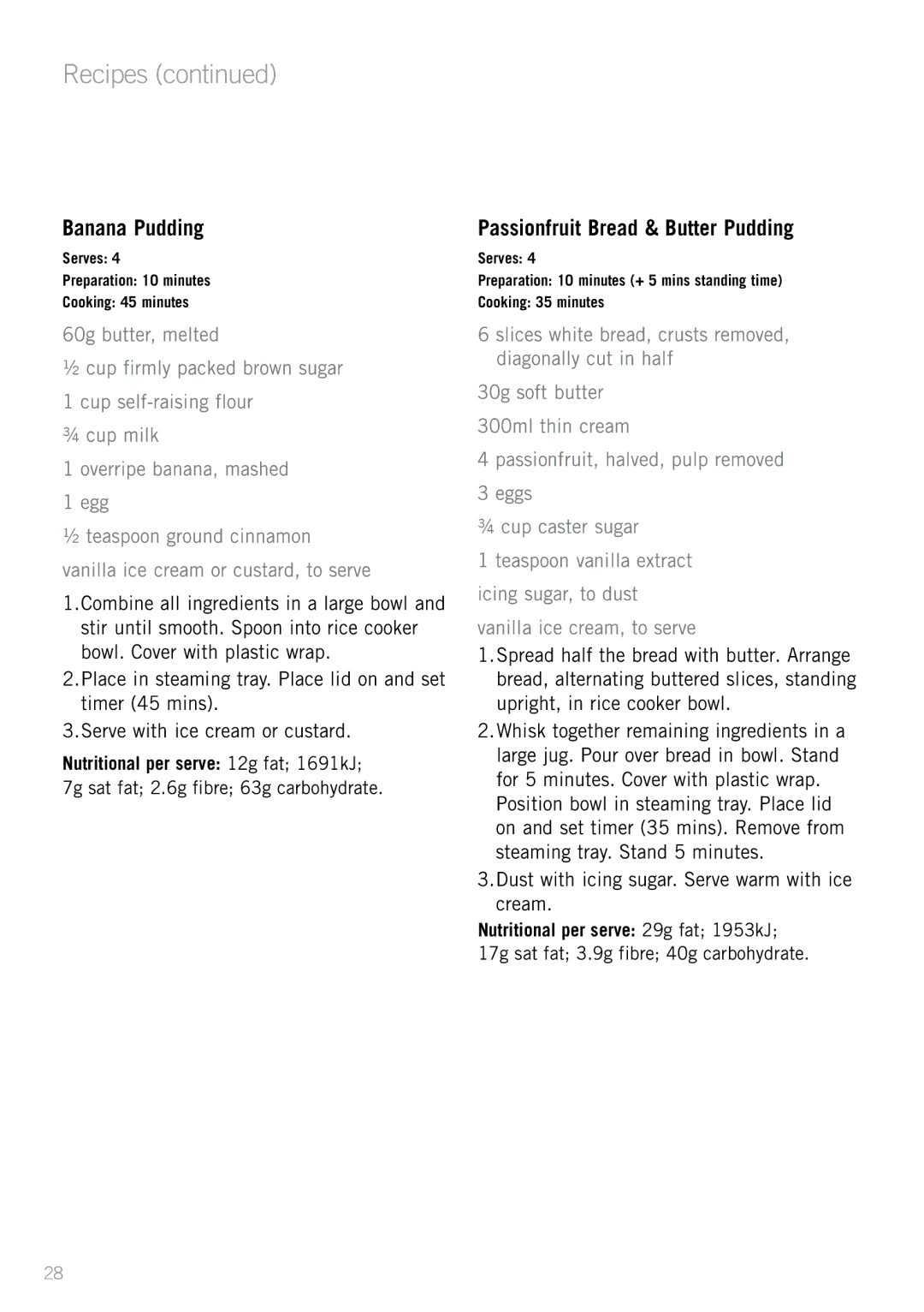 Sunbeam ST6820 manual Banana Pudding, Passionfruit Bread & Butter Pudding 