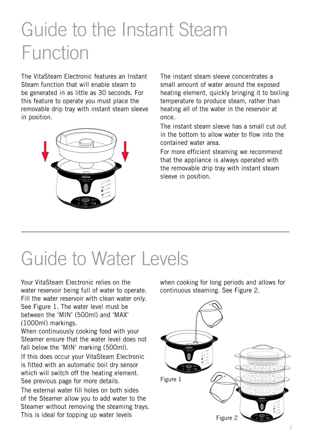 Sunbeam ST6820 manual Guide to the Instant Steam Function, Guide to Water Levels 