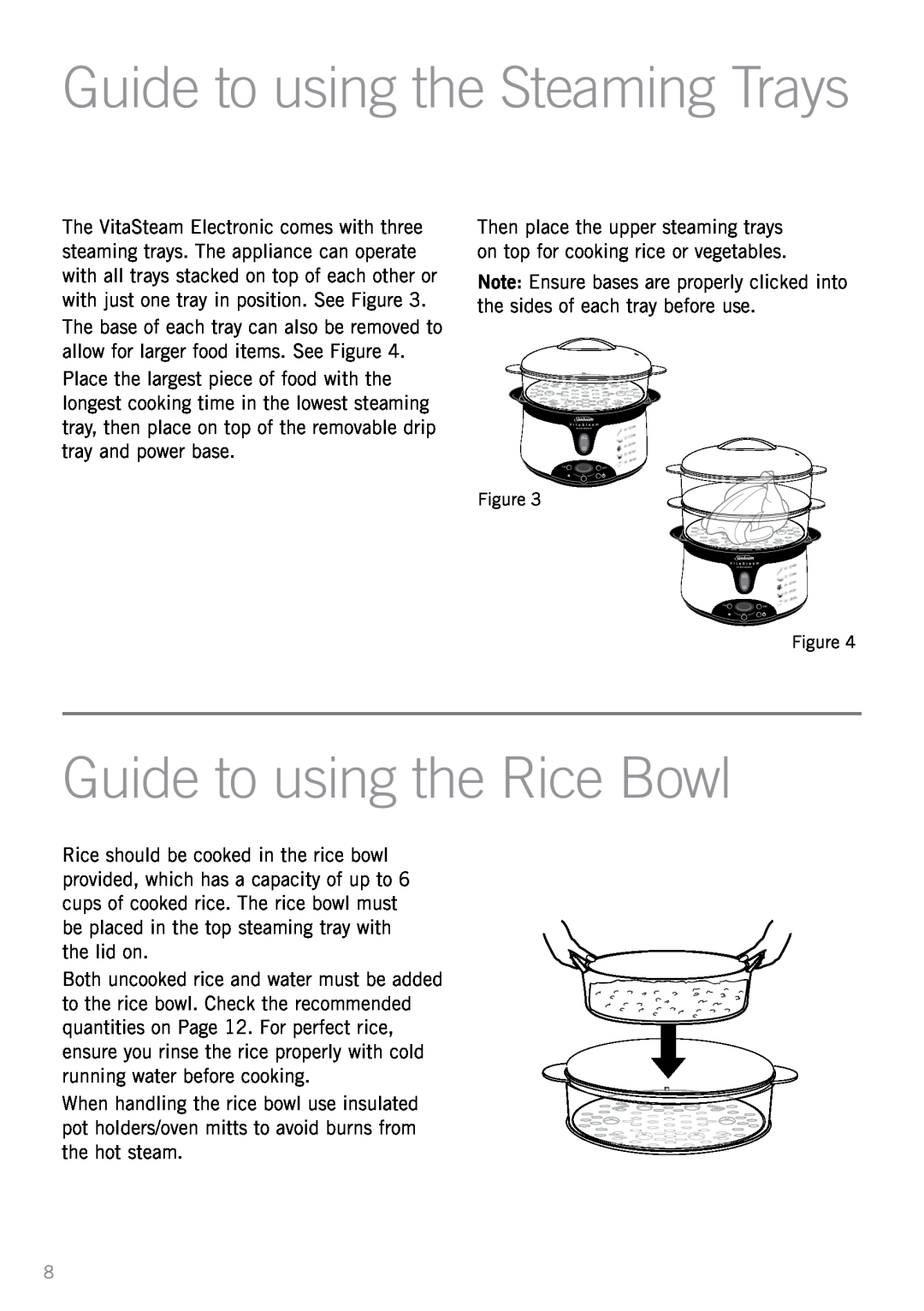 Sunbeam ST6820 manual Guide to using the Rice Bowl, Guide to using the Steaming Trays 