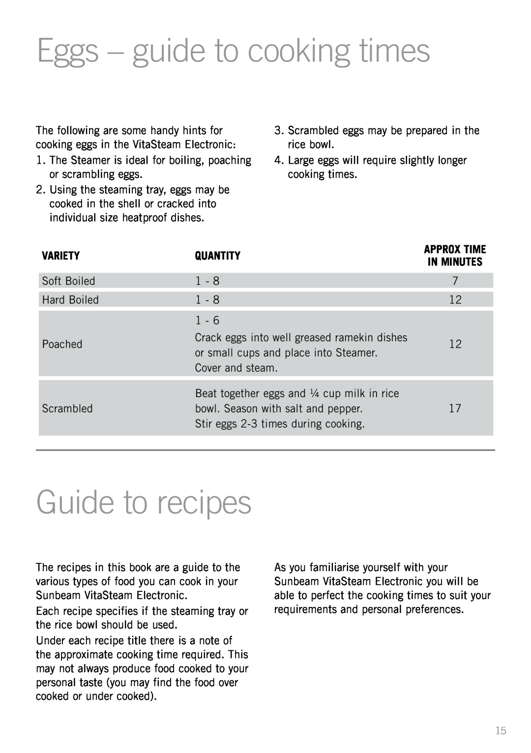 Sunbeam ST6820 manual Eggs - guide to cooking times, Guide to recipes 