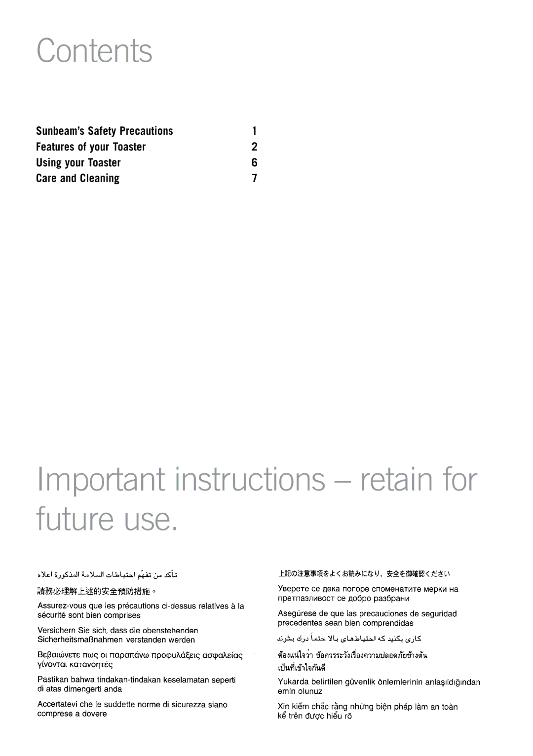 Sunbeam TA2410, TA2210, TA1210 manual Contents, Important instructions retain for future use 