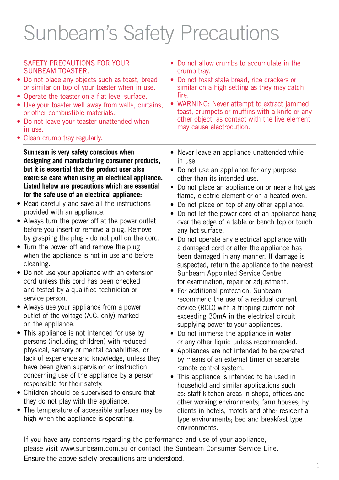 Sunbeam TA2210, TA1210, TA2410 manual Sunbeam’s Safety Precautions, Ensure the above safety precautions are understood 