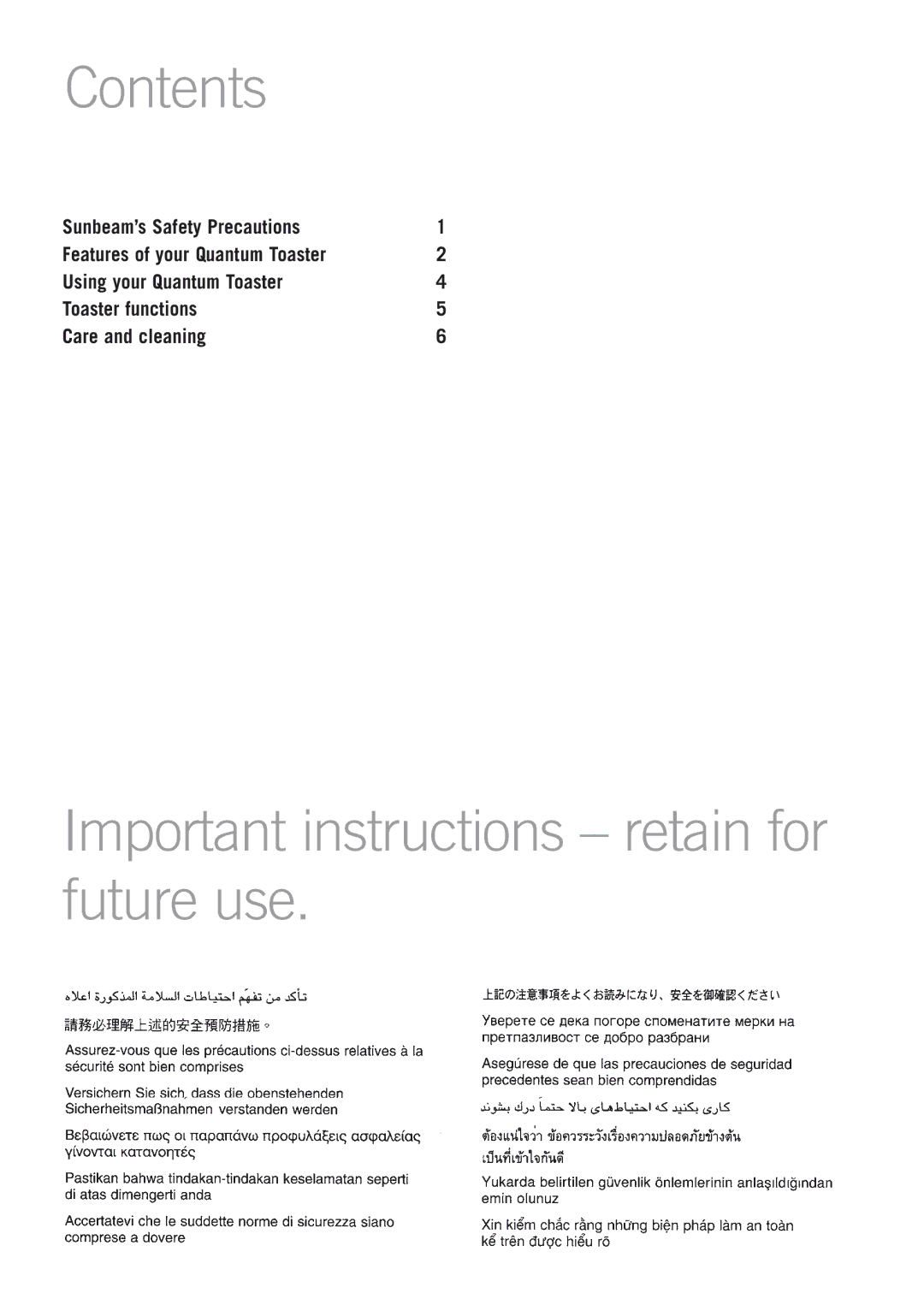 Sunbeam TA3420B, TA3220B manual Contents, Important instructions retain for future use 