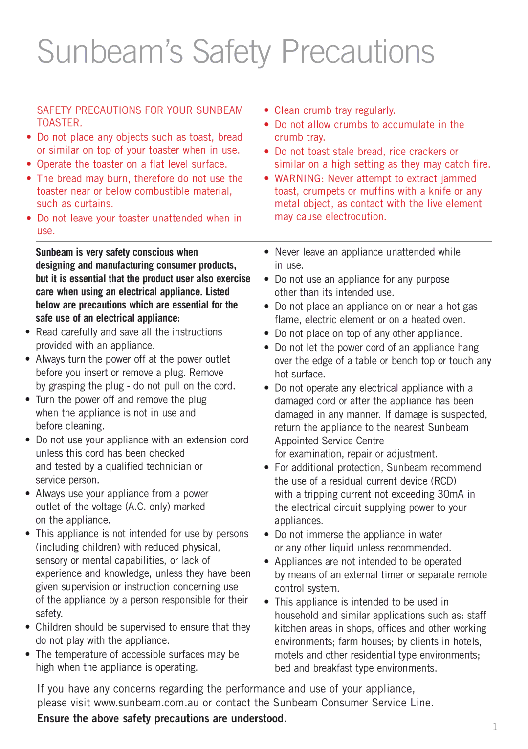 Sunbeam TA3220B, TA3420B manual Sunbeam’s Safety Precautions, Ensure the above safety precautions are understood 
