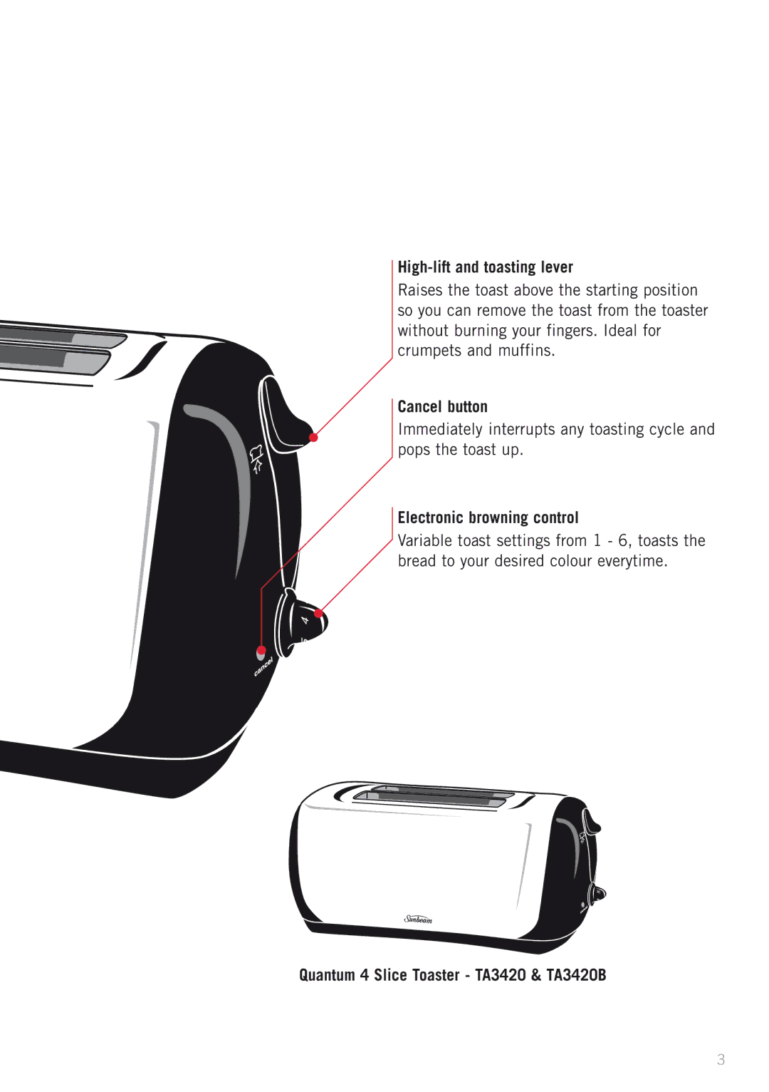 Sunbeam TA3420B, TA3220B manual High-lift and toasting lever, Cancel button, Electronic browning control 