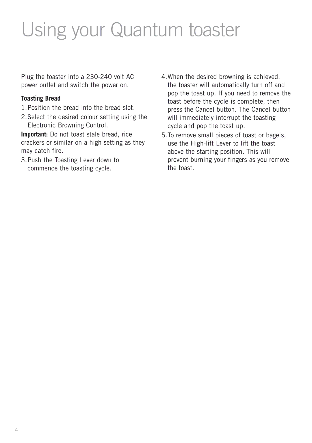 Sunbeam TA3420B, TA3220B manual Using your Quantum toaster, Toasting Bread 