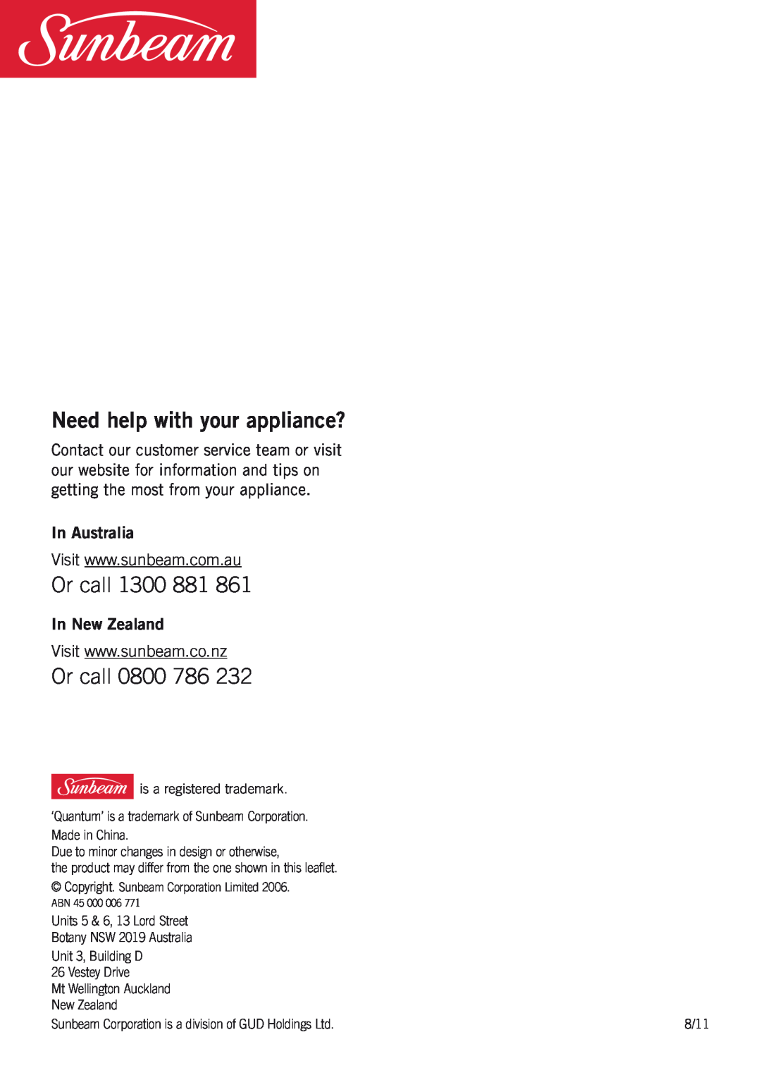 Sunbeam TA3420B, TA3220B manual Or call 0800, In Australia, In New Zealand, Need help with your appliance? 