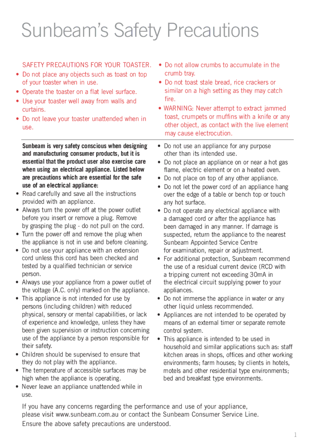 Sunbeam TA4400, TA4200 manual Sunbeam’s Safety Precautions, Use of an electrical appliance 