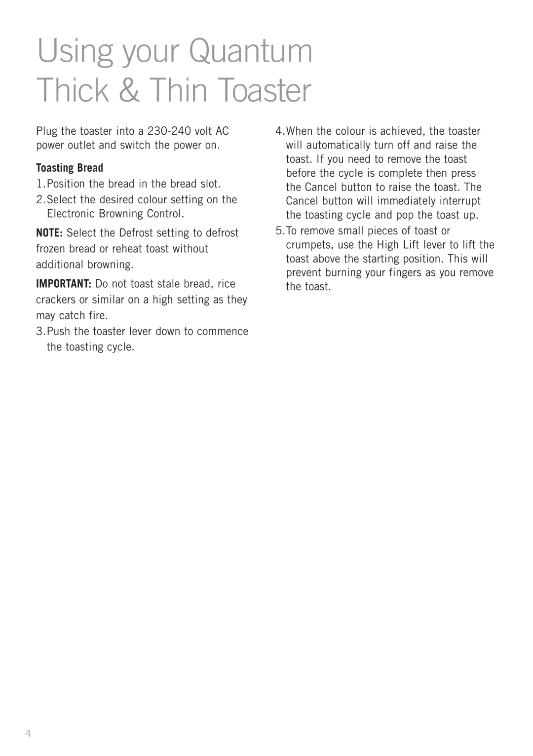 Sunbeam TA4200, TA4400 manual Using your Quantum Thick & Thin Toaster, Toasting Bread 