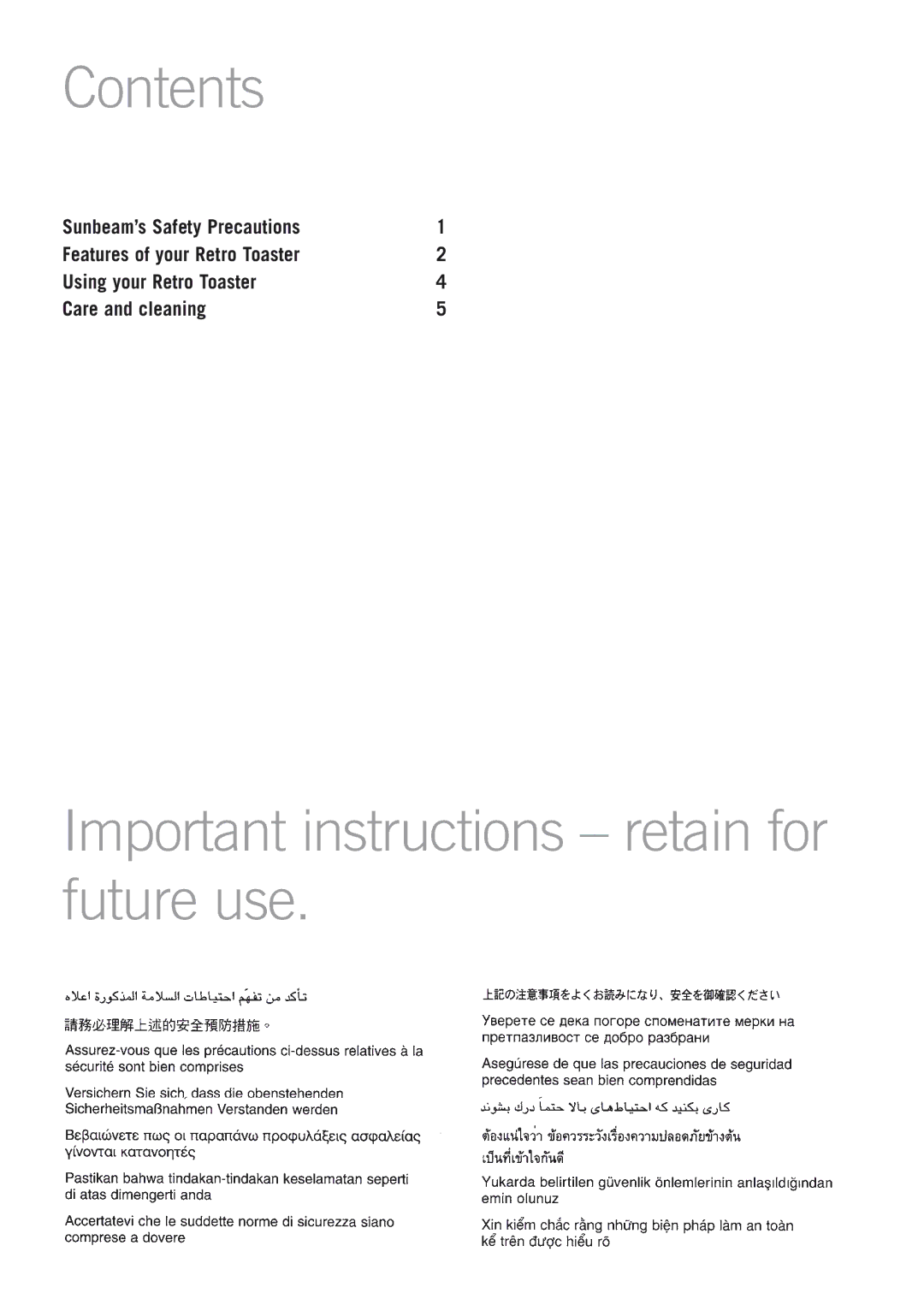 Sunbeam TA5400K, TA5200H, TA5200C, TA5200B, TA5200K, TA5400C, TA5400W Contents, Important instructions retain for future use 