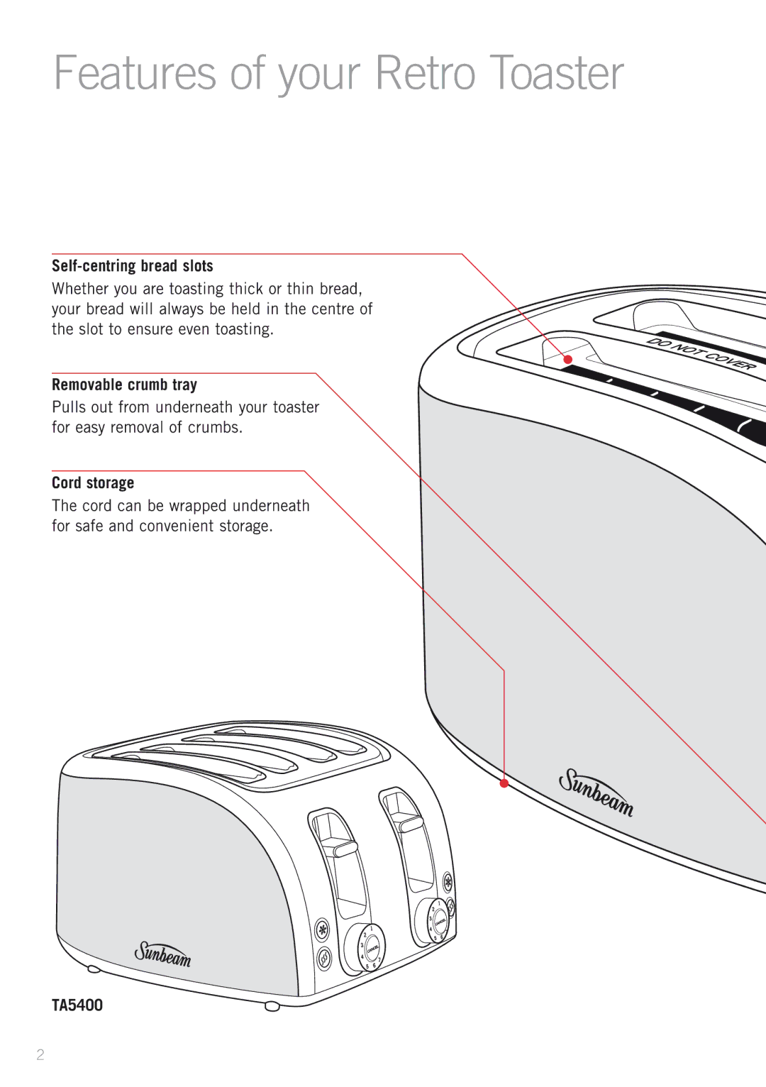 Sunbeam TA5200K Features of your Retro Toaster, Self-centring bread slots, Removable crumb tray, Cord storage, TA5400 