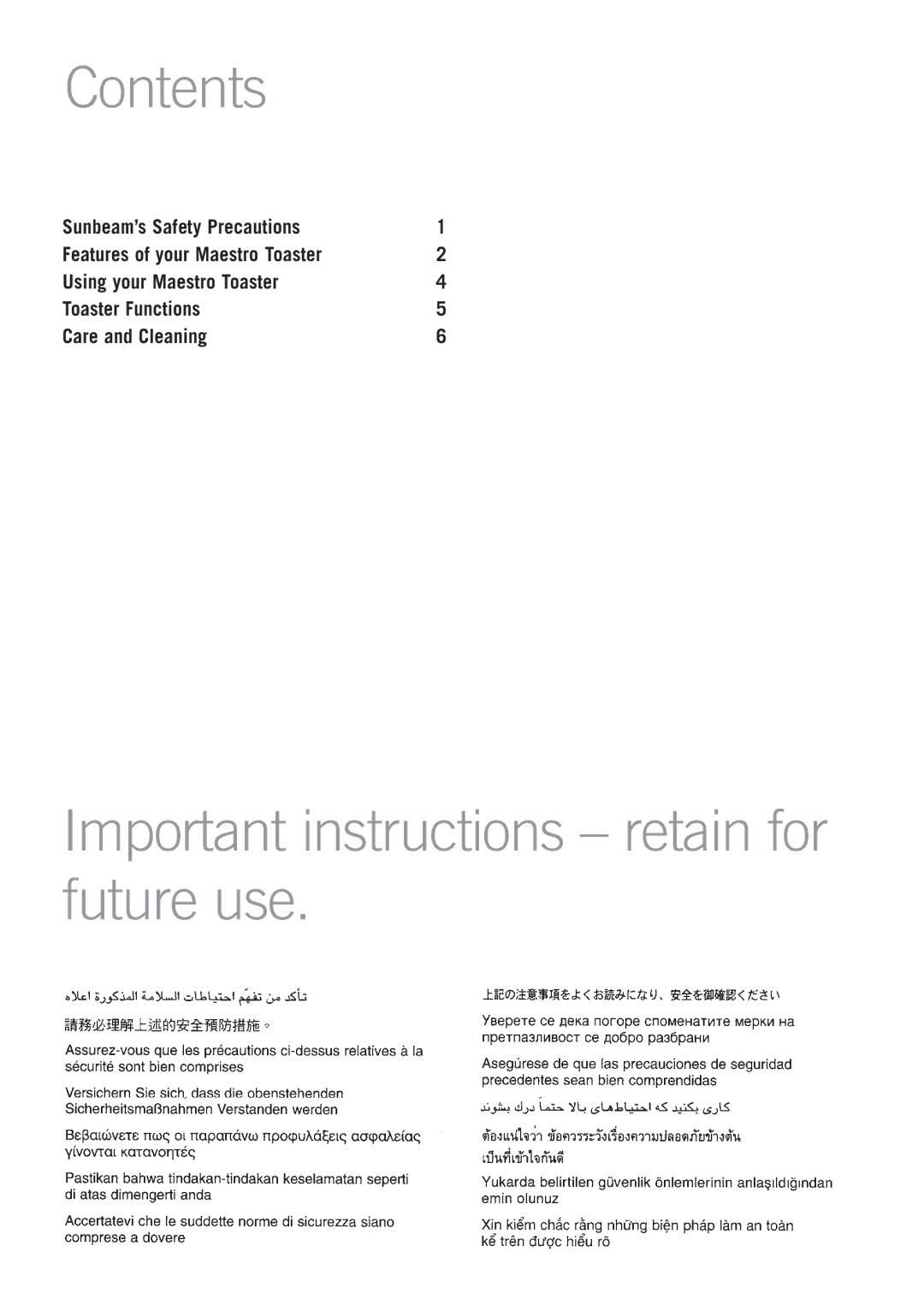 Sunbeam TA6440, TA6420 manual Contents, Important instructions retain for future use 