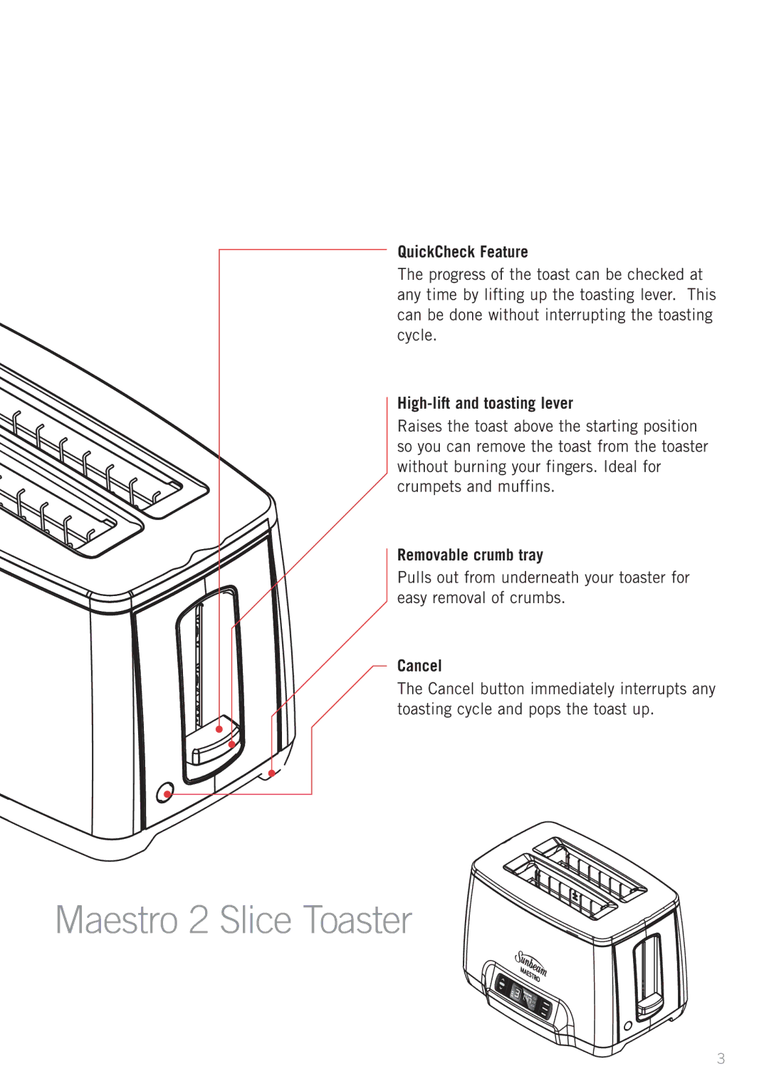 Sunbeam TA6420, TA6440 manual QuickCheck Feature, High-lift and toasting lever, Removable crumb tray, Cancel 