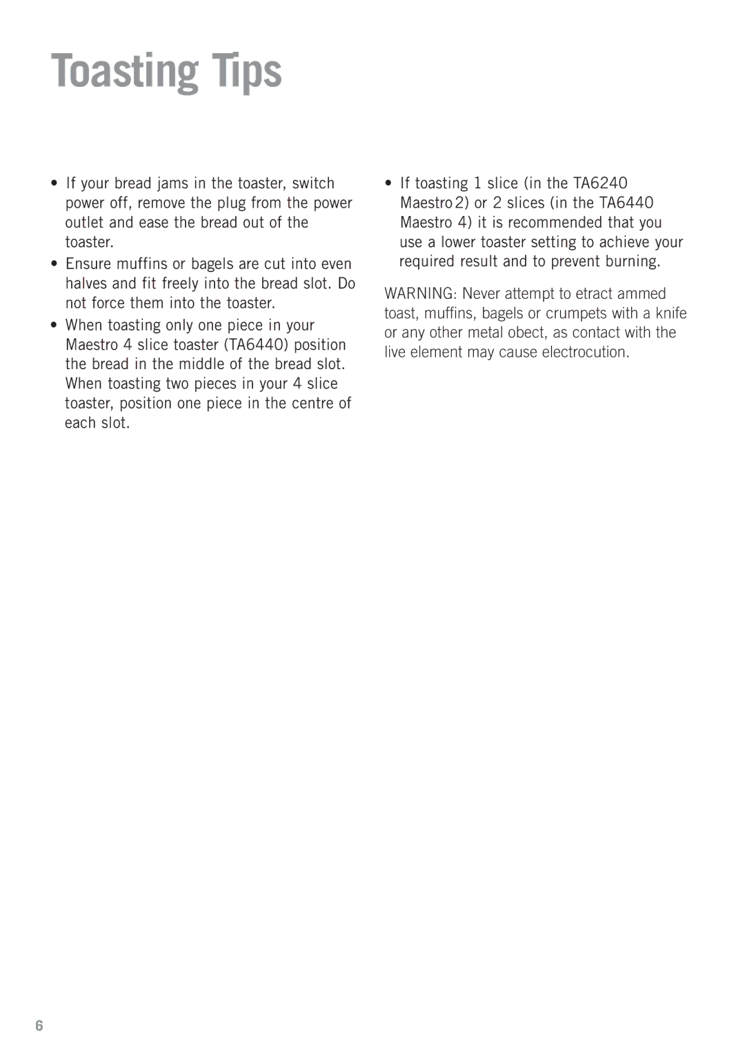 Sunbeam TA6440, TA6420 manual Toasting Tips 