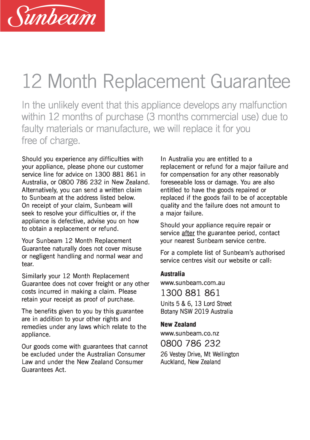 Sunbeam TA6420, TA6440 manual Month Replacement Guarantee, 1300, 0800, free of charge 