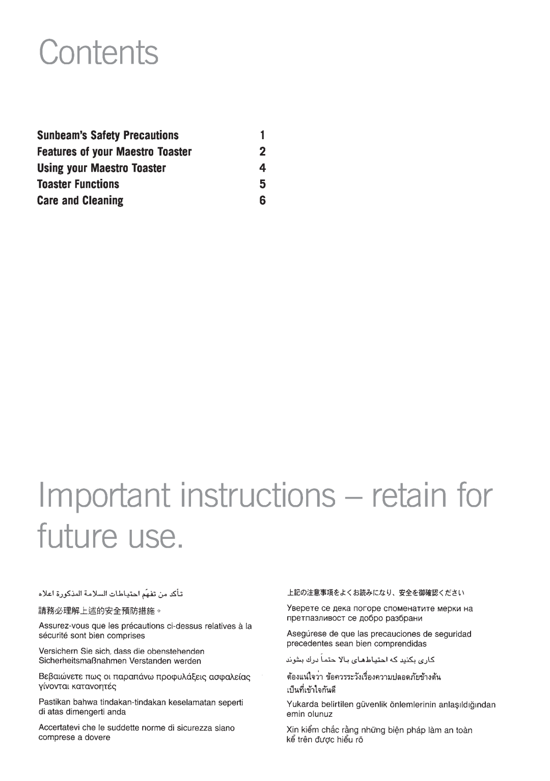 Sunbeam TA6440, TA6420 manual Contents, Important instructions - retain for future use 