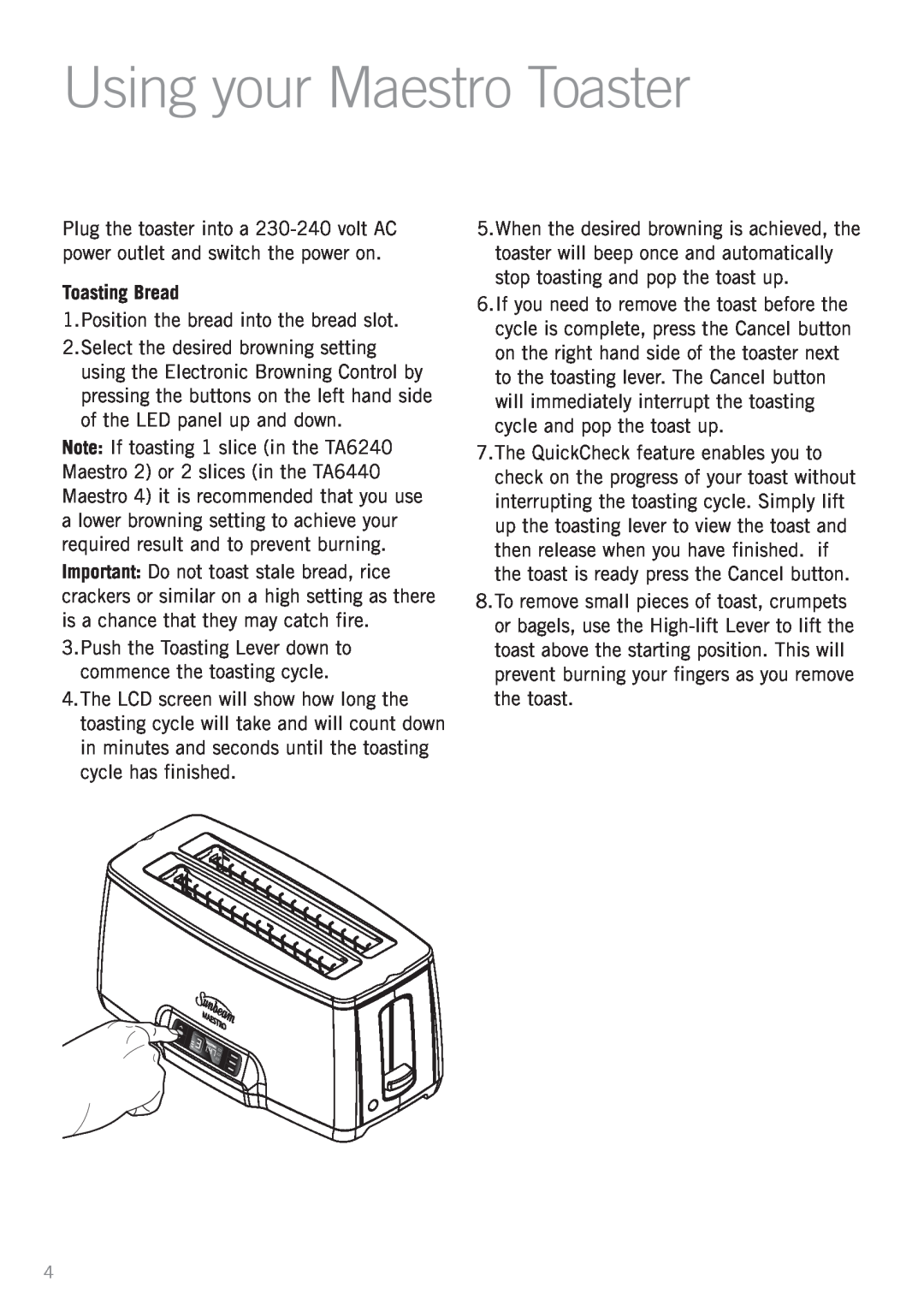 Sunbeam TA6440, TA6420 manual Using your Maestro Toaster, Toasting Bread 