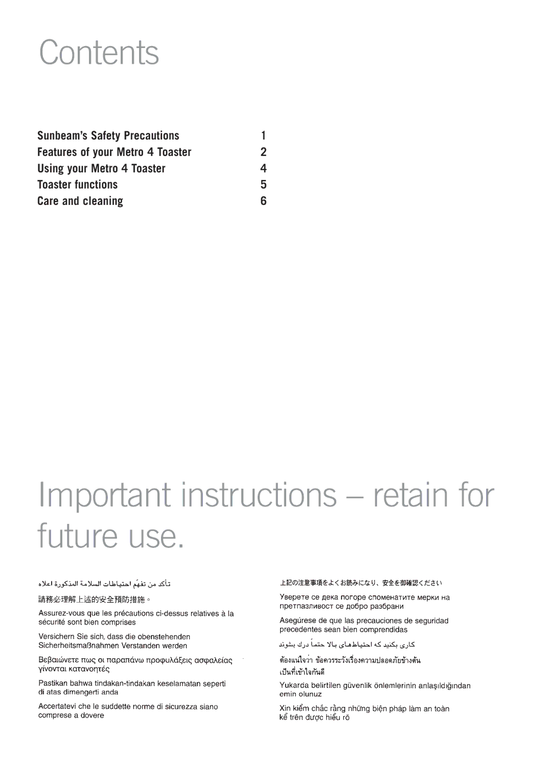 Sunbeam TA6450 manual Contents, Important instructions retain for future use 