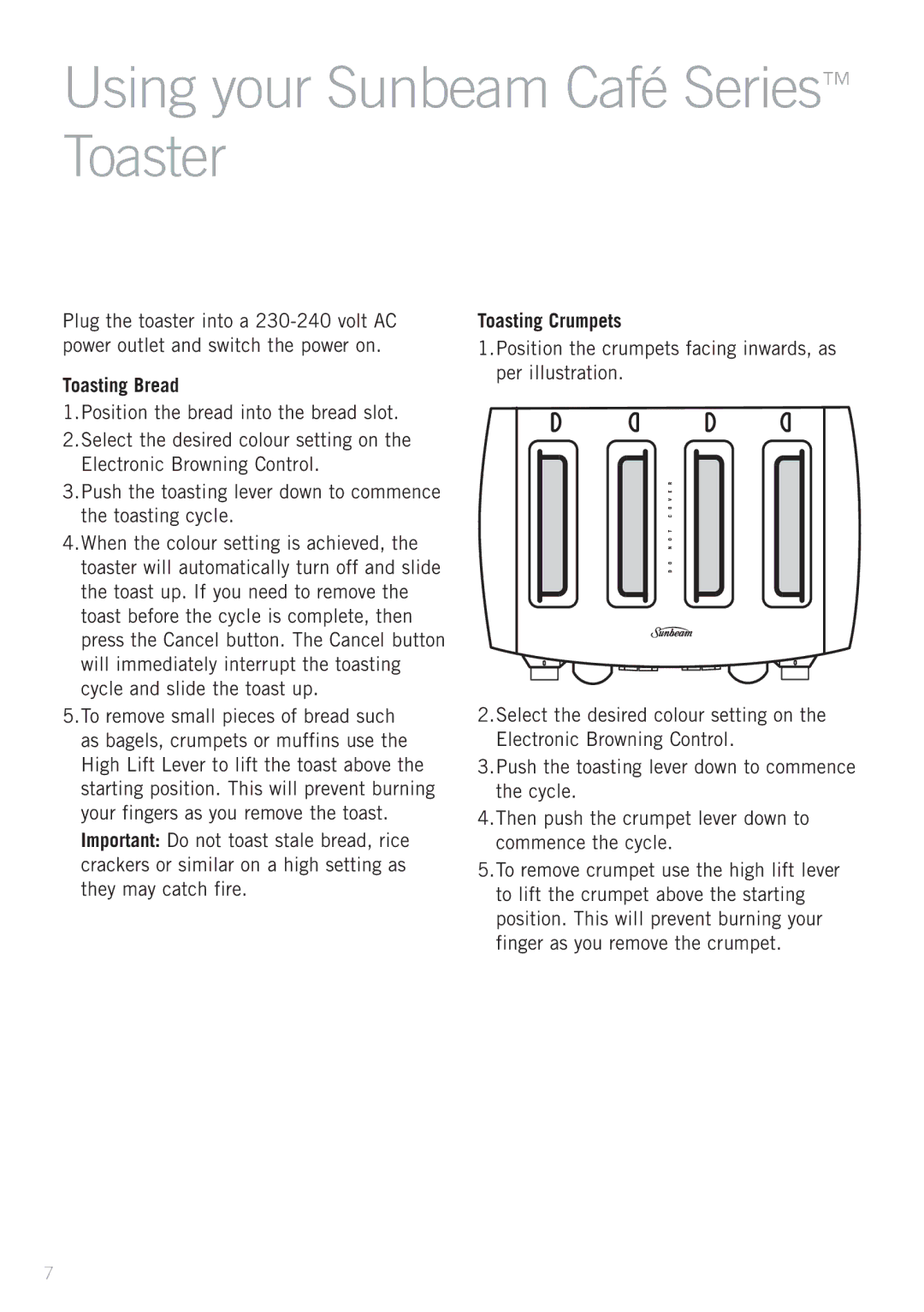 Sunbeam TA9405W, TA9405R, TA9400, TA9205G, TA9405G Using your Sunbeam Café Series Toaster, Toasting Bread, Toasting Crumpets 