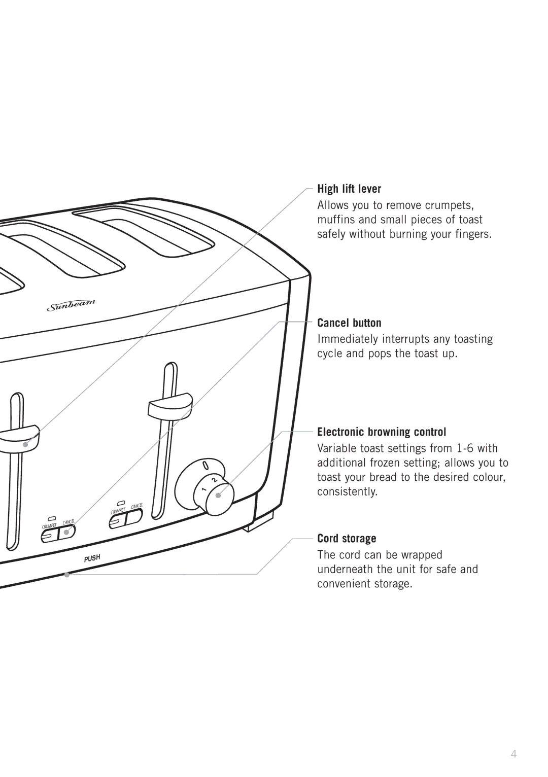 Sunbeam TA9200, TA9405R, TA9400, TA9405W, TA9205G High lift lever, Cancel button, Electronic browning control, Cord storage 