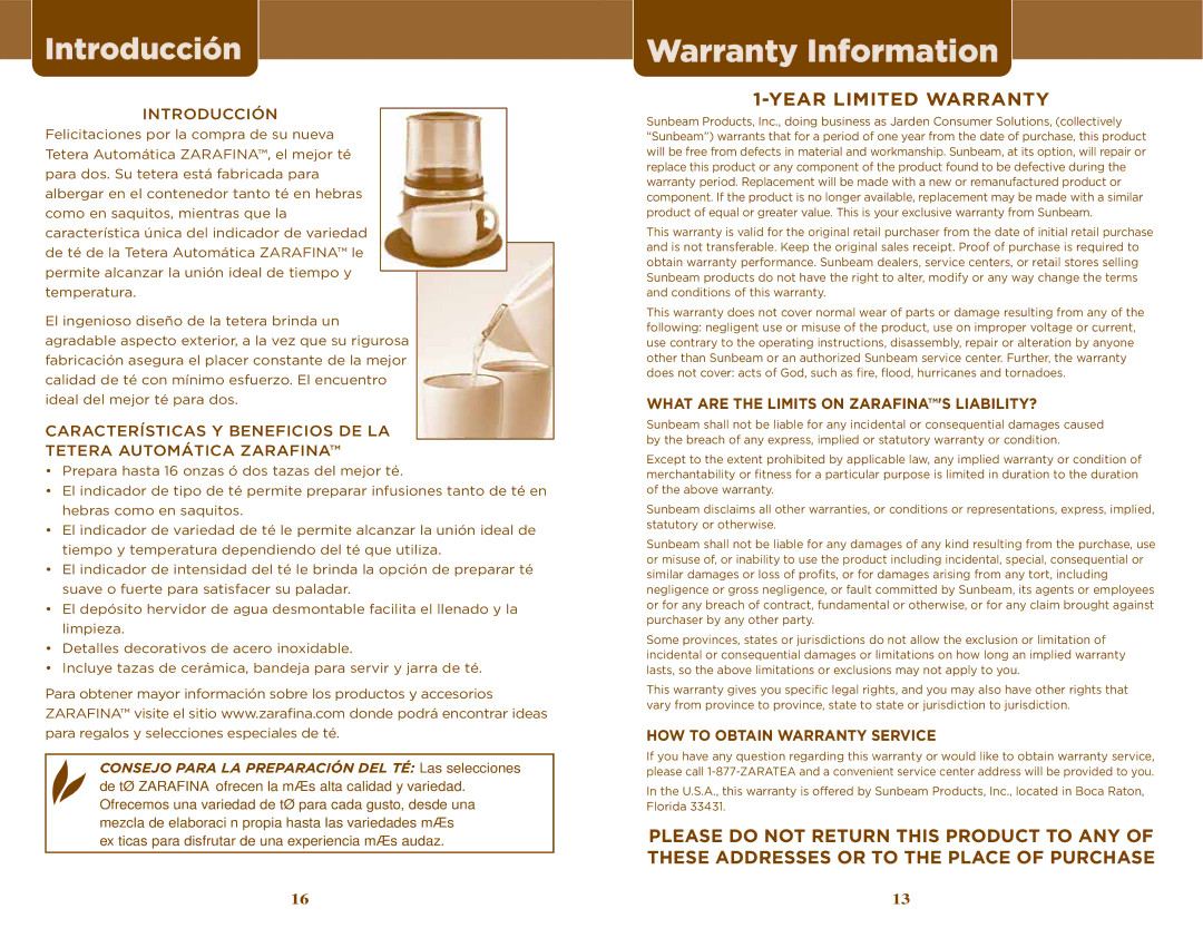 Sunbeam TEA MAKER manual Introducción, Year Limited Warranty, What are the Limits on Zarafinas LIABILITY? 