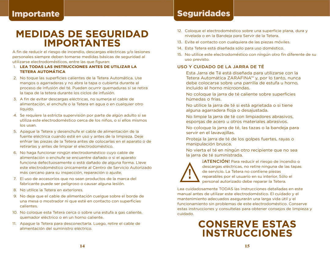 Sunbeam TEA MAKER manual Importante, Seguridades, USO Y Cuidado DE LA Jarra DE TÉ 