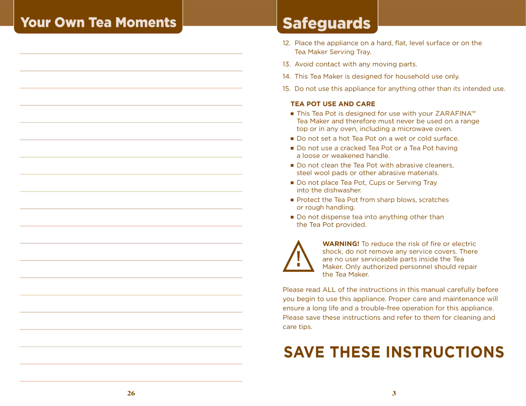 Sunbeam TEA MAKER manual Safeguards, TEA POT USE and Care 