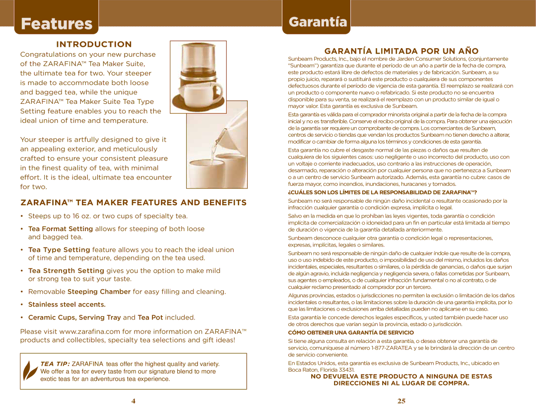 Sunbeam TEA MAKER manual Introduction, Zarafina TEA Maker Features and Benefits, Garantía Limitada POR UN AÑO 