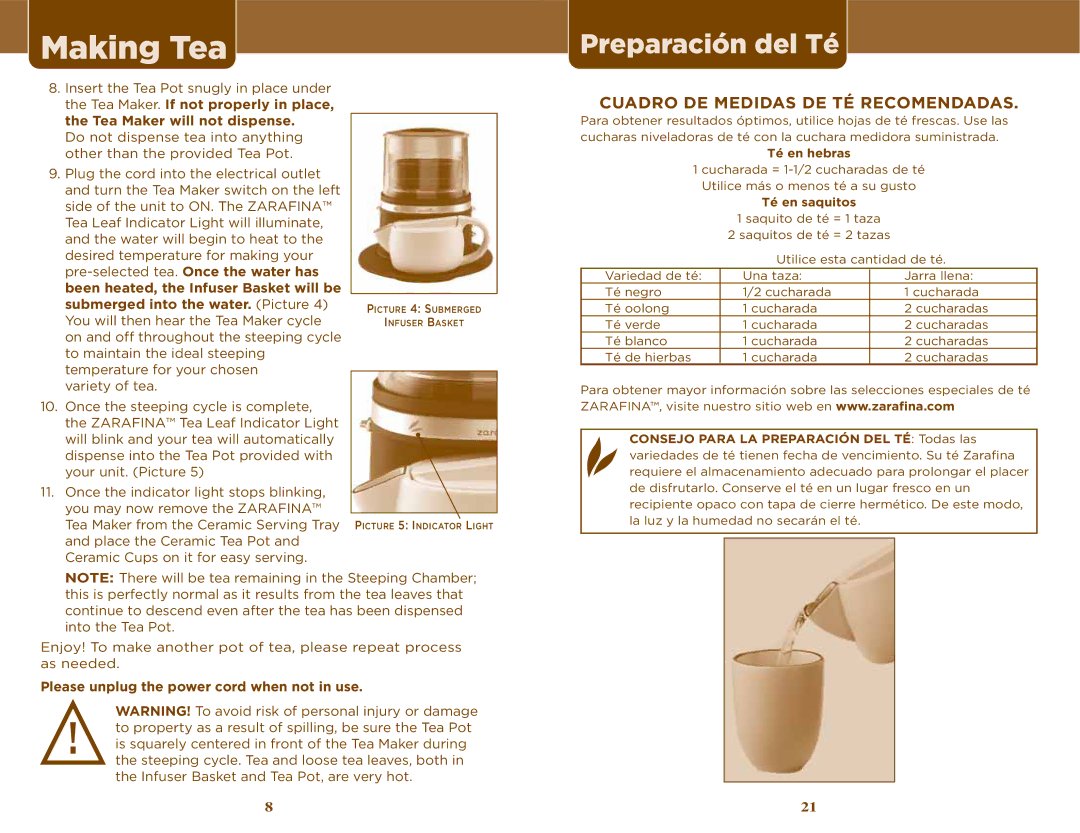 Sunbeam TEA MAKER manual Preparación del Té, Cuadro DE Medidas DE TÉ Recomendadas 