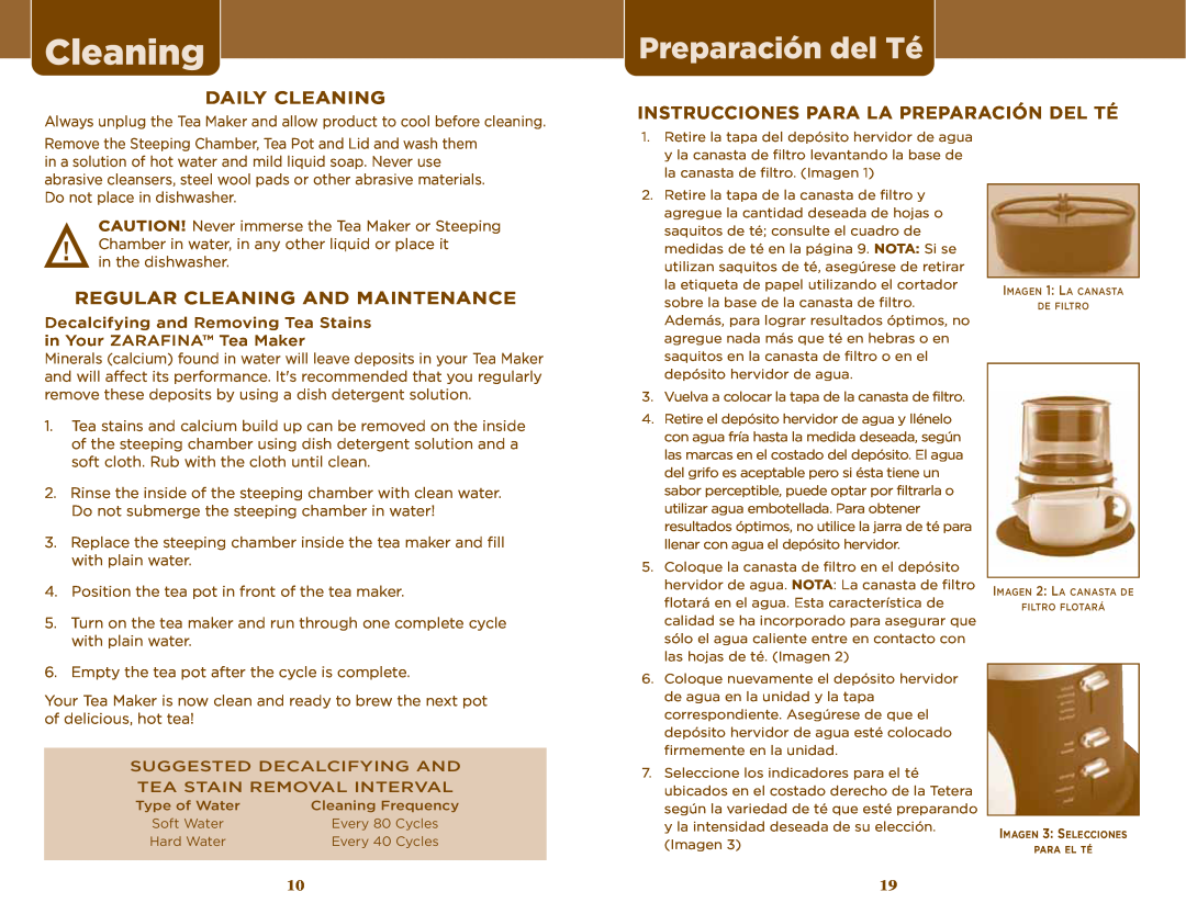 Sunbeam TEA MAKER manual Daily Cleaning, Instrucciones Para La Preparación Del Té, Regular Cleaning And Maintenance 
