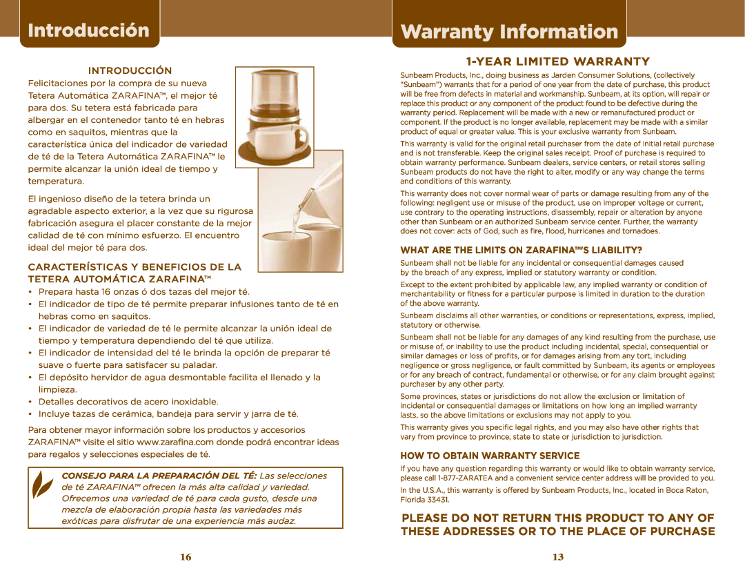 Sunbeam TEA MAKER Warranty Information, Introducción, Year Limited Warranty, What Are The Limits On Zarafinas Liability? 