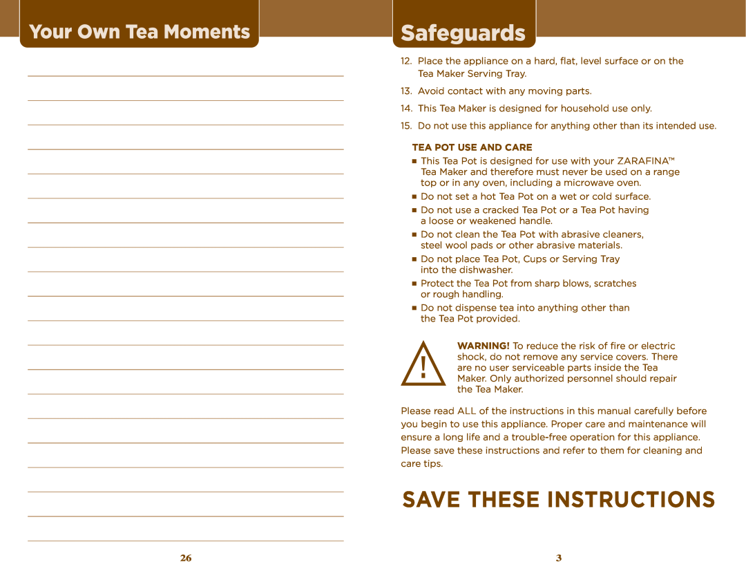 Sunbeam TEA MAKER manual Safeguards, Save These Instructions, Tea Pot Use And Care, Your Own Tea Moments 