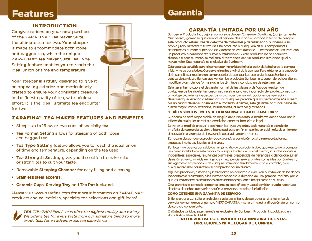 Sunbeam TEA MAKER manual Introduction, Zarafina Tea Maker Features And Benefits, Garantía Limitada Por Un Año 