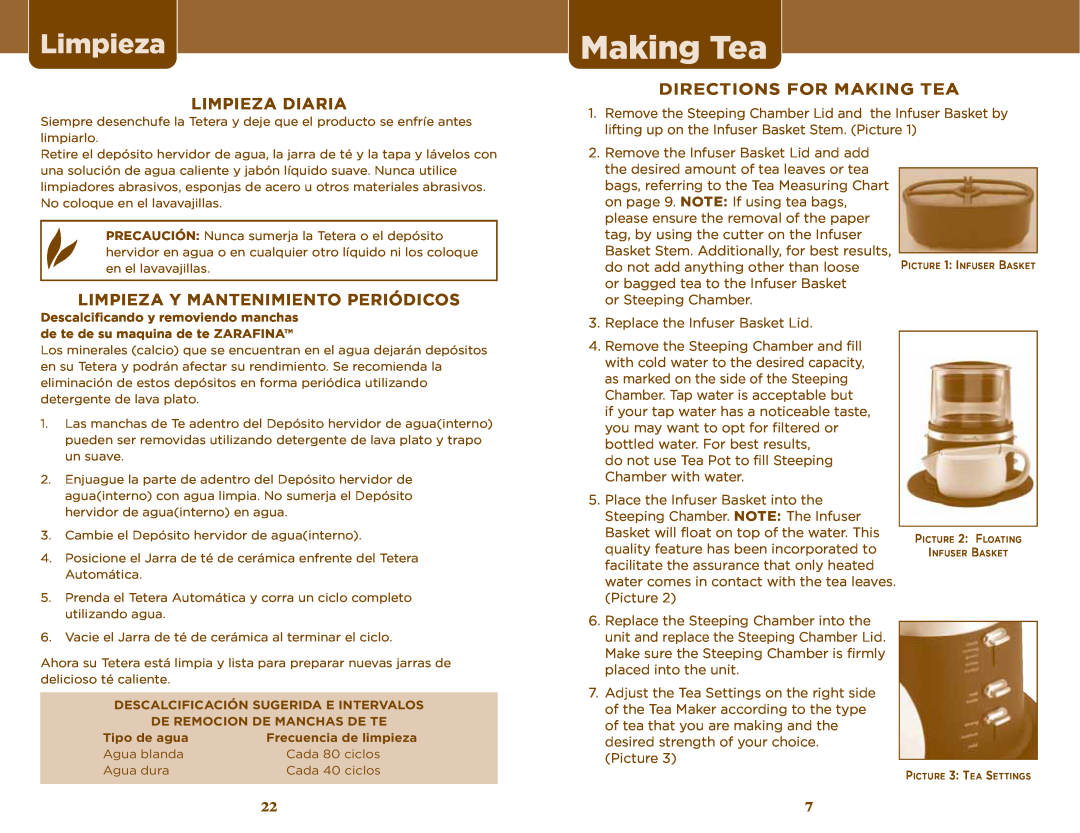 Sunbeam TEA MAKER manual Limpieza Diaria, Directions For Making Tea, Limpieza Y Mantenimiento Periódicos 