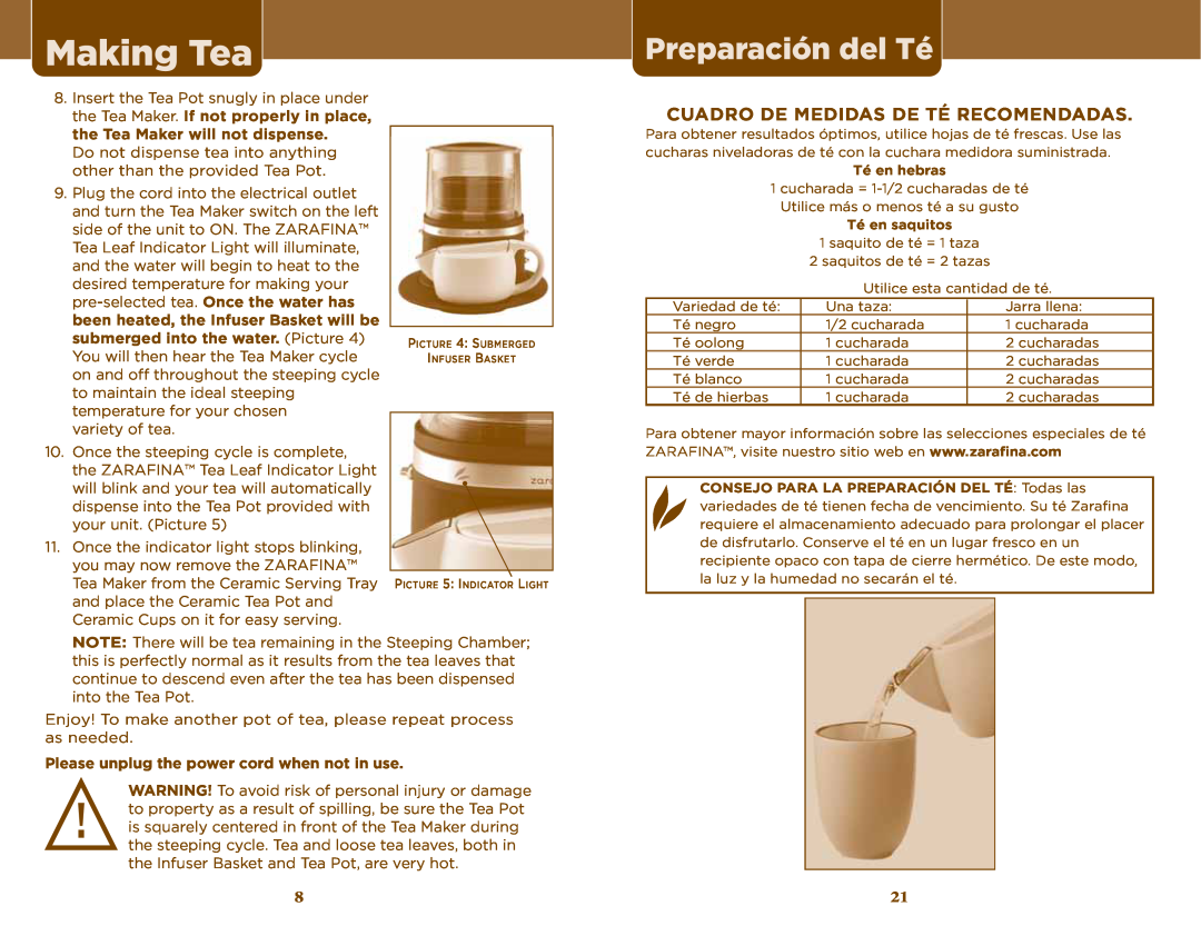 Sunbeam TEA MAKER Preparación del Té, Cuadro De Medidas De Té Recomendadas, Please unplug the power cord when not in use 
