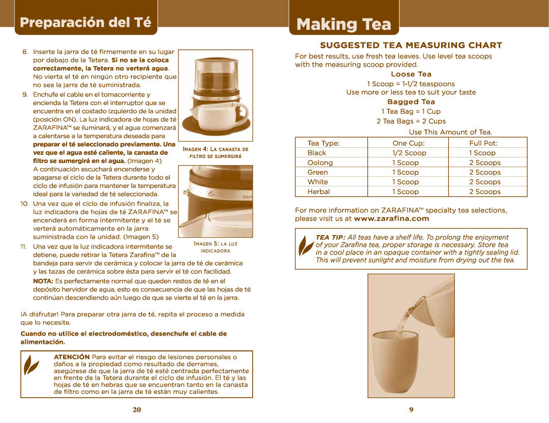 Sunbeam TEA MAKER manual Suggested Tea Measuring Chart, Making Tea, Preparación del Té 