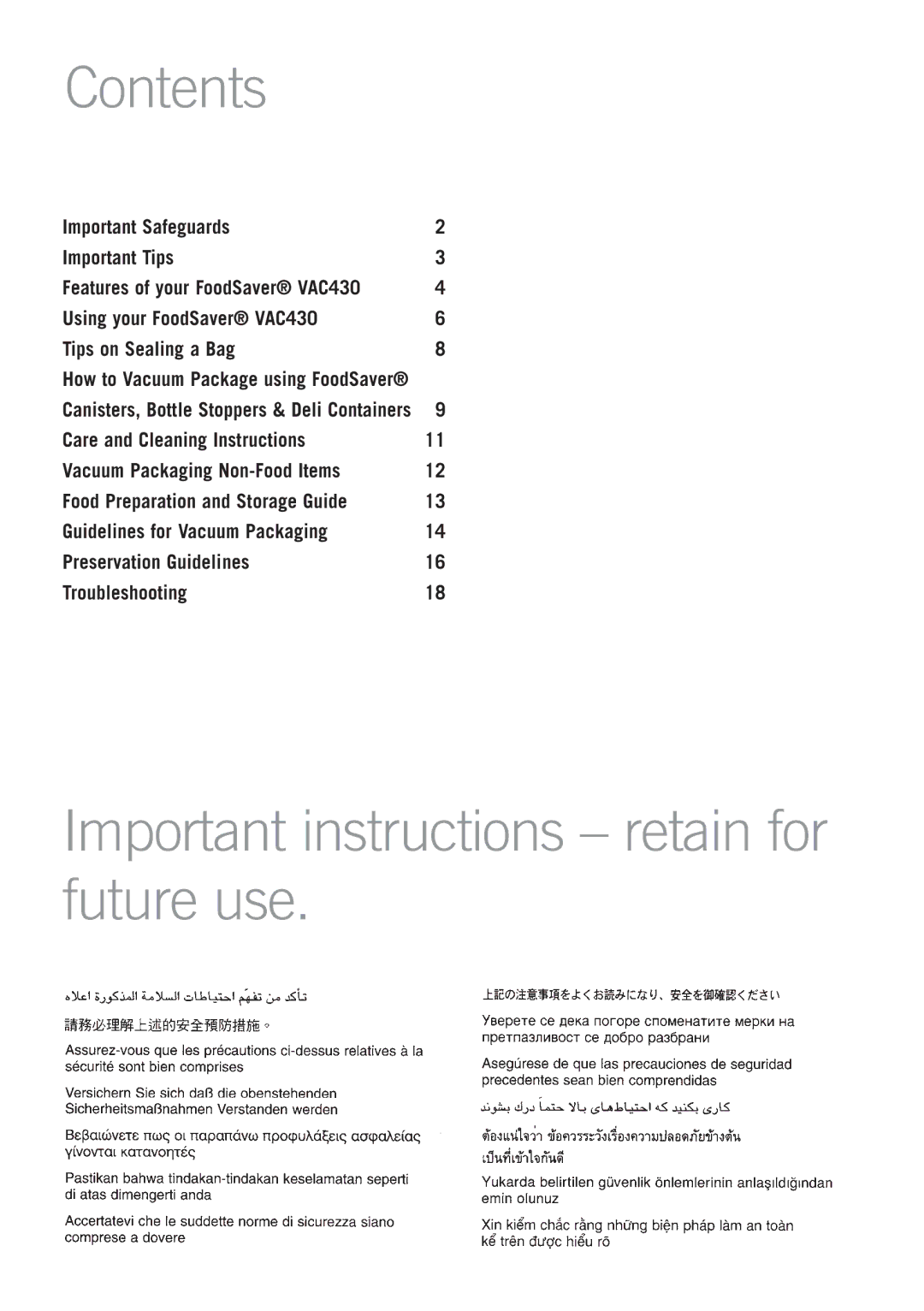 Sunbeam VS4300, VAC430 manual Contents, Important instructions retain for future use 