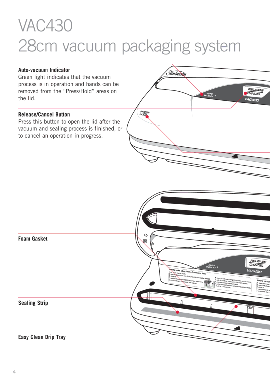 Sunbeam VS4300 manual VAC430 28cm vacuum packaging system, Auto-vacuum Indicator, Release/Cancel Button 