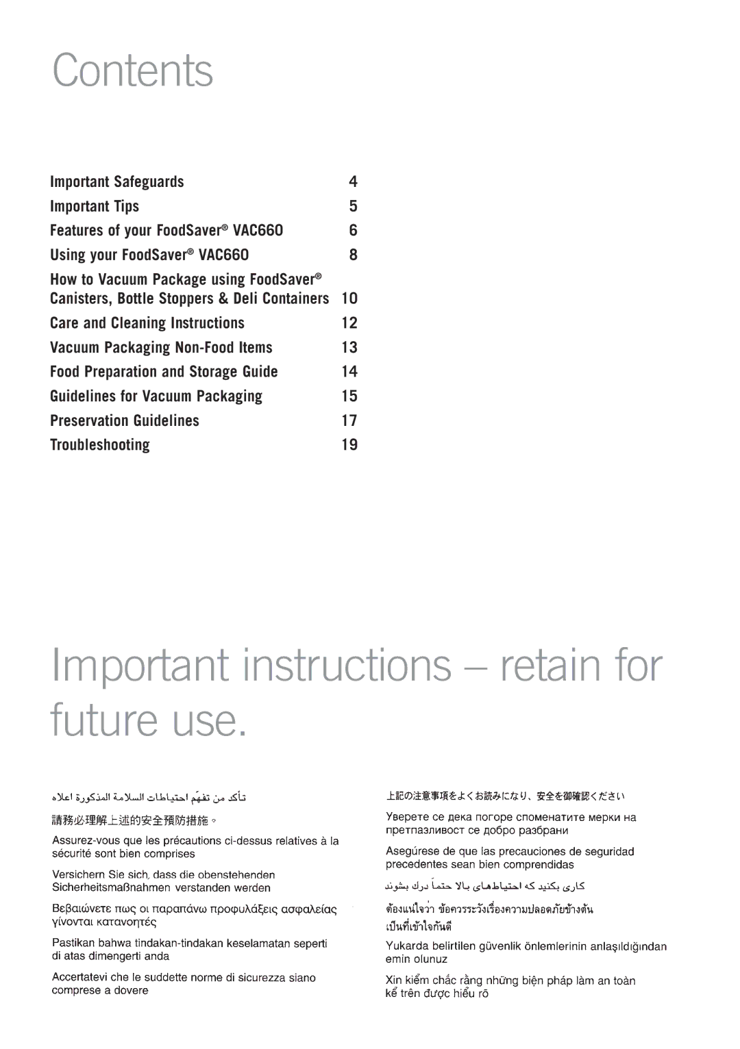 Sunbeam VS6600, VAC660 manual Contents, Important instructions retain for future use 