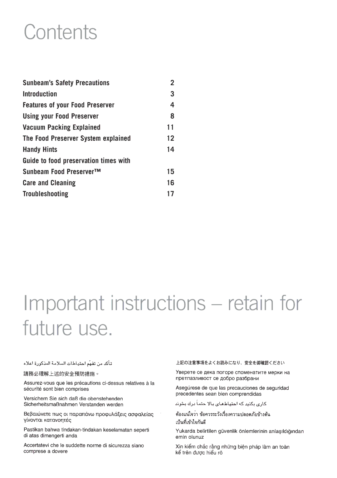 Sunbeam VS5200 manual Contents, Important instructions retain for future use 