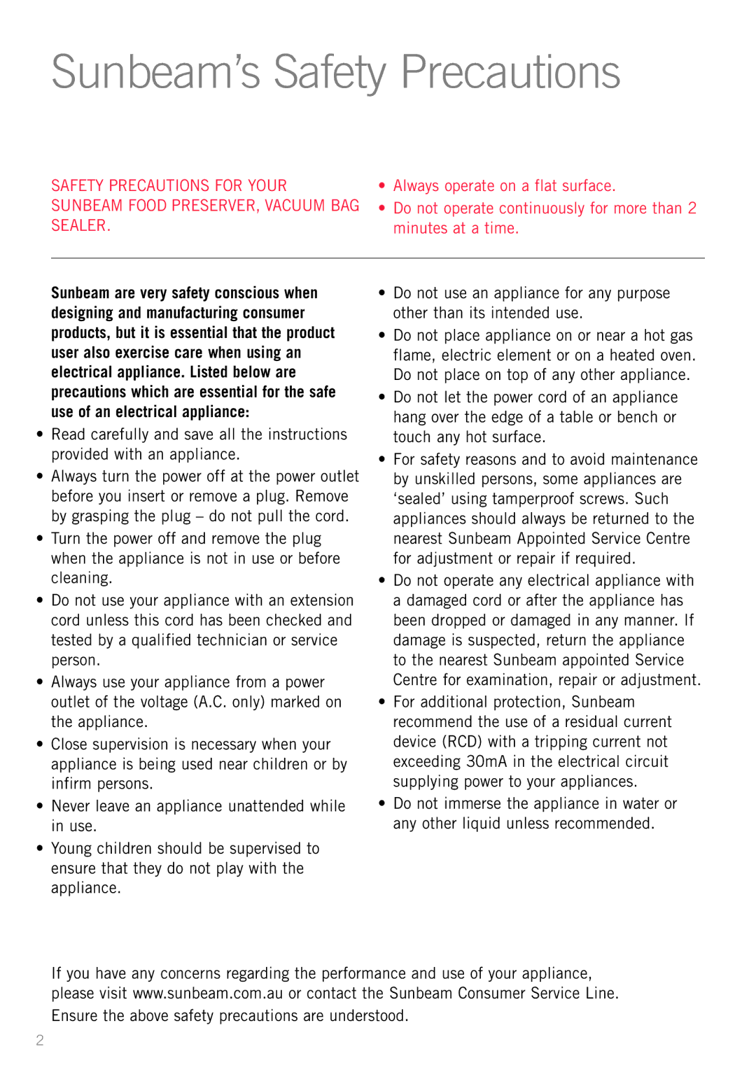 Sunbeam VS5200 manual Sunbeam’s Safety Precautions, Ensure the above safety precautions are understood 