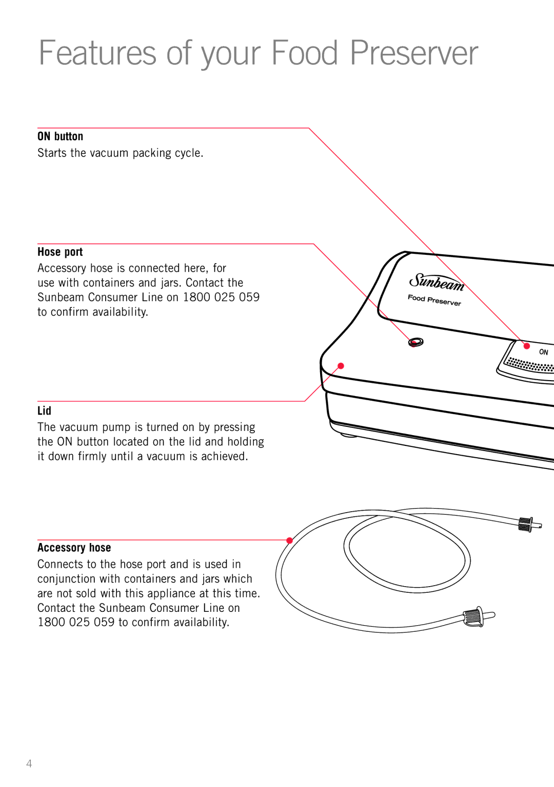 Sunbeam VS5200 manual Features of your Food Preserver, On button, Hose port, Lid, Accessory hose 