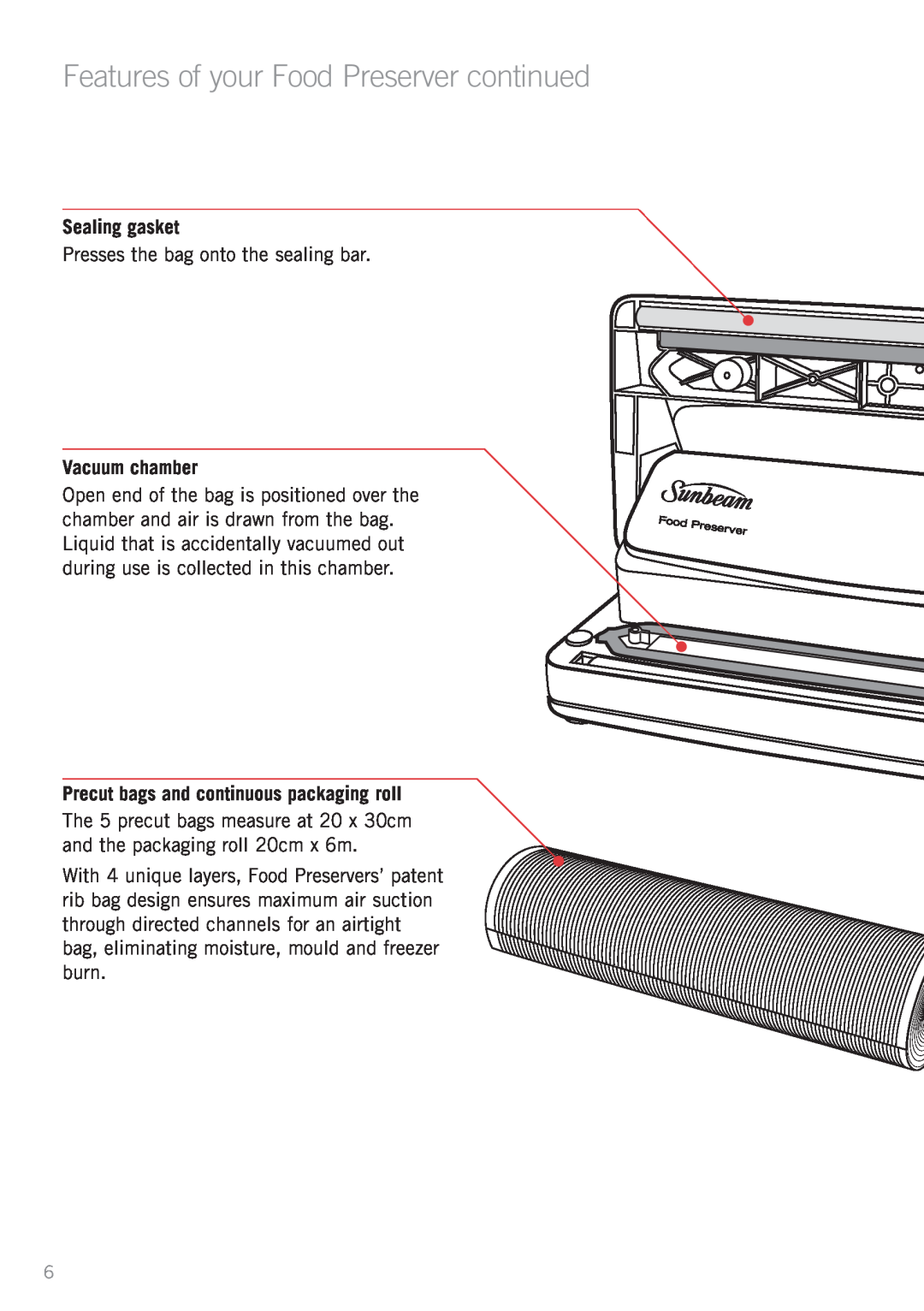 Sunbeam VS5200 manual Features of your Food Preserver continued, Sealing gasket, Vacuum chamber 