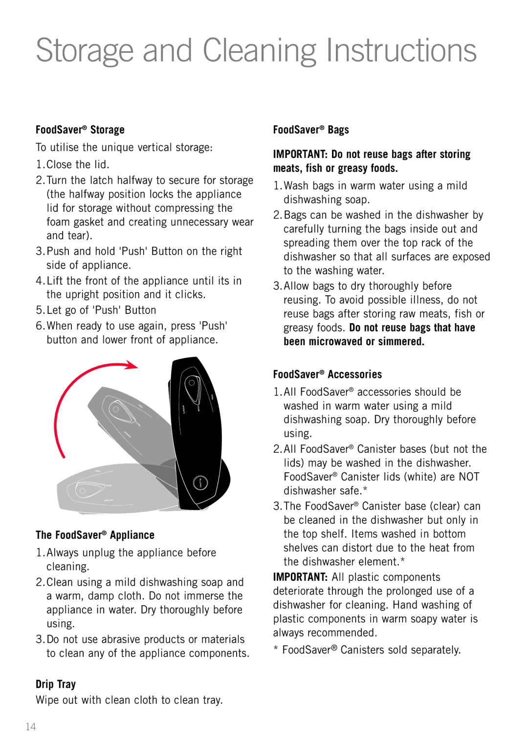 Sunbeam VS7800 Storage and Cleaning Instructions, FoodSaver Storage, FoodSaver Appliance, Drip Tray, FoodSaver Accessories 