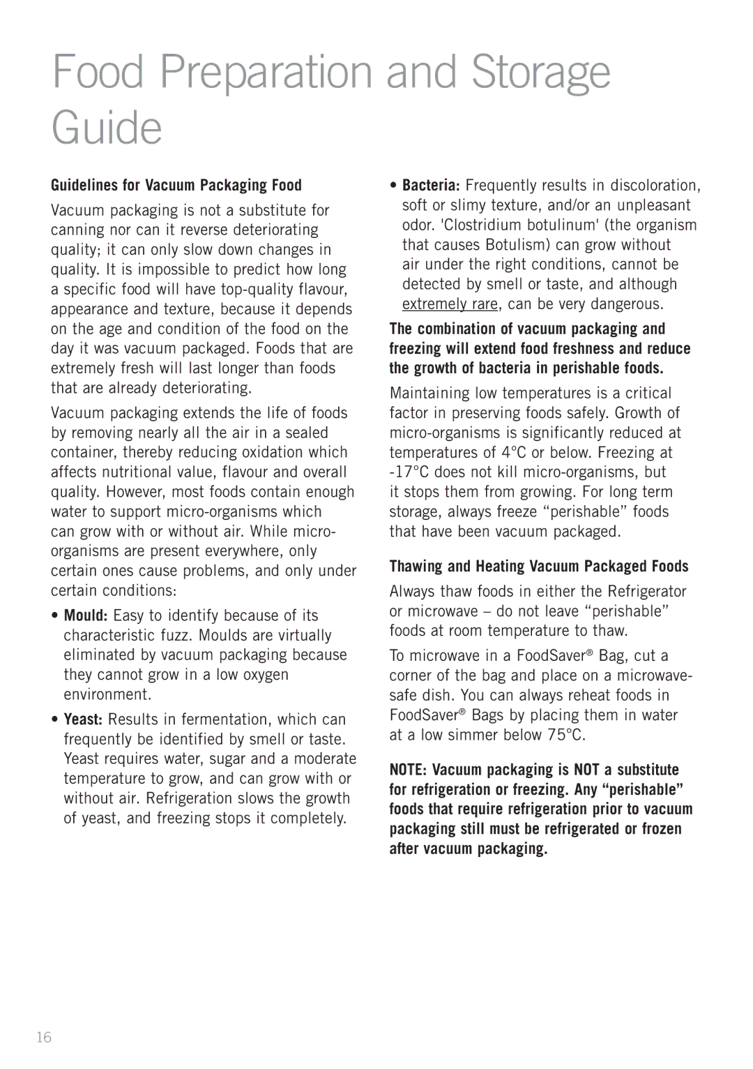 Sunbeam VS7800, VAC780 manual Food Preparation and Storage Guide, Guidelines for Vacuum Packaging Food 