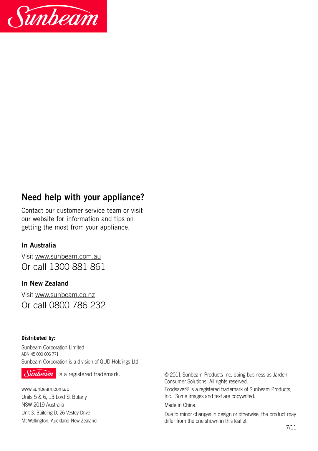 Sunbeam VS7800, VAC780 manual Need help with your appliance? 