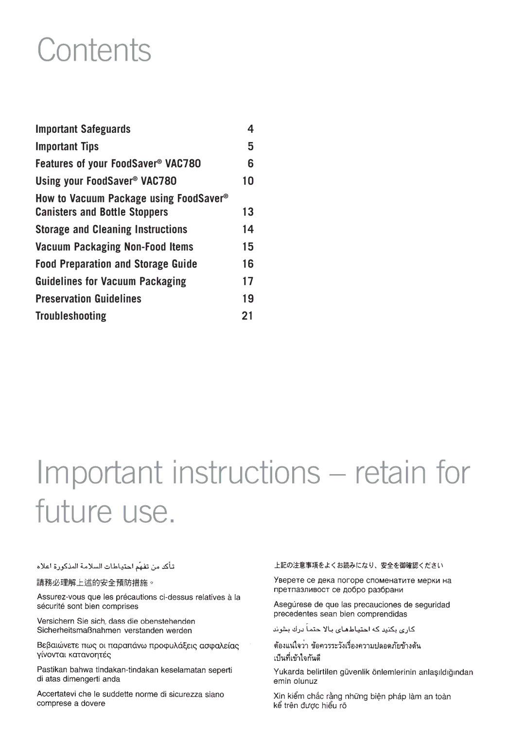 Sunbeam VAC780, VS7800 manual Contents, Important instructions retain for future use 